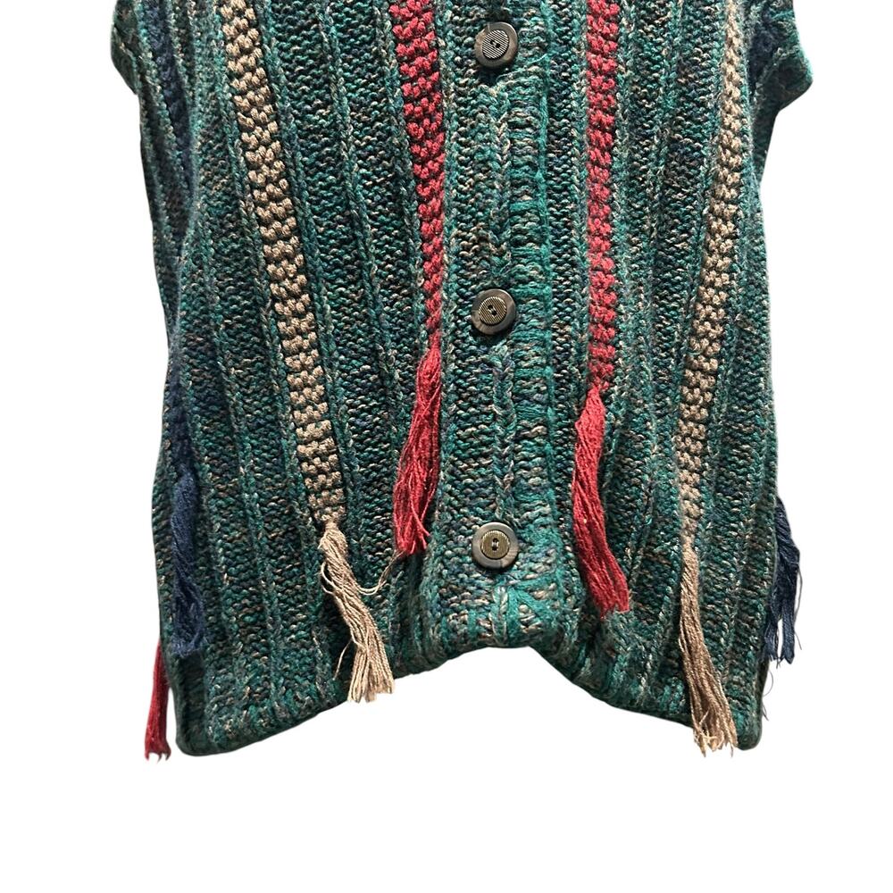 Vintage 90s Green Stripe Ramie Tassel Sweater Vest Cottagecore M Grandpacore - Picture 11 of 16